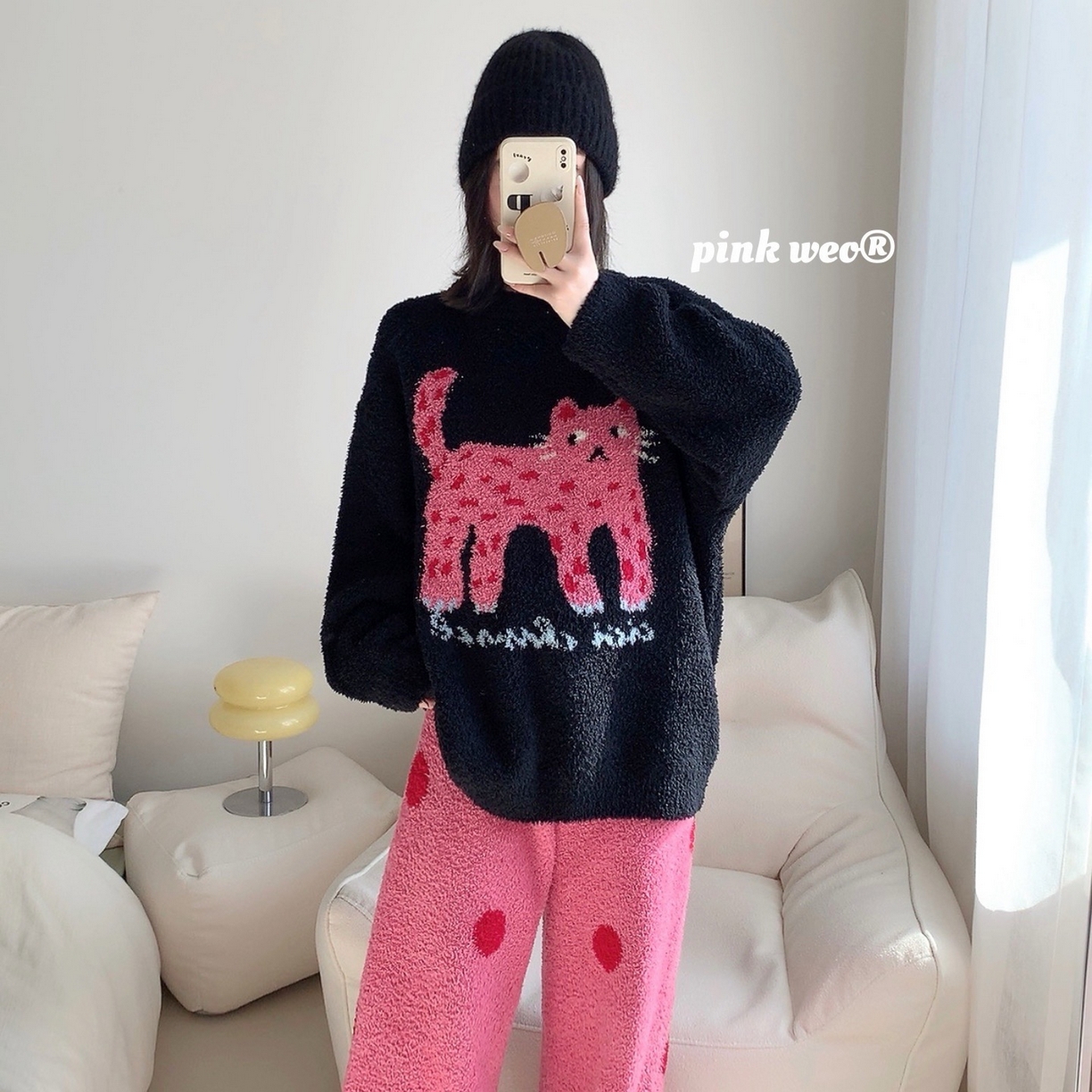 91家纺网 家纺一手货源 找家纺 （总）妍景家居生活馆 2026新款软绵绵波点猫咪黑家居服睡衣套装