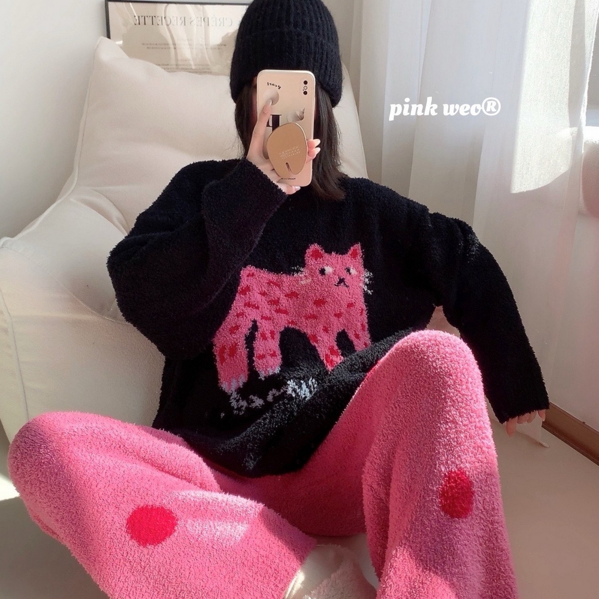 91家纺网 家纺一手货源 找家纺 （总）妍景家居生活馆 2026新款软绵绵波点猫咪黑家居服睡衣套装