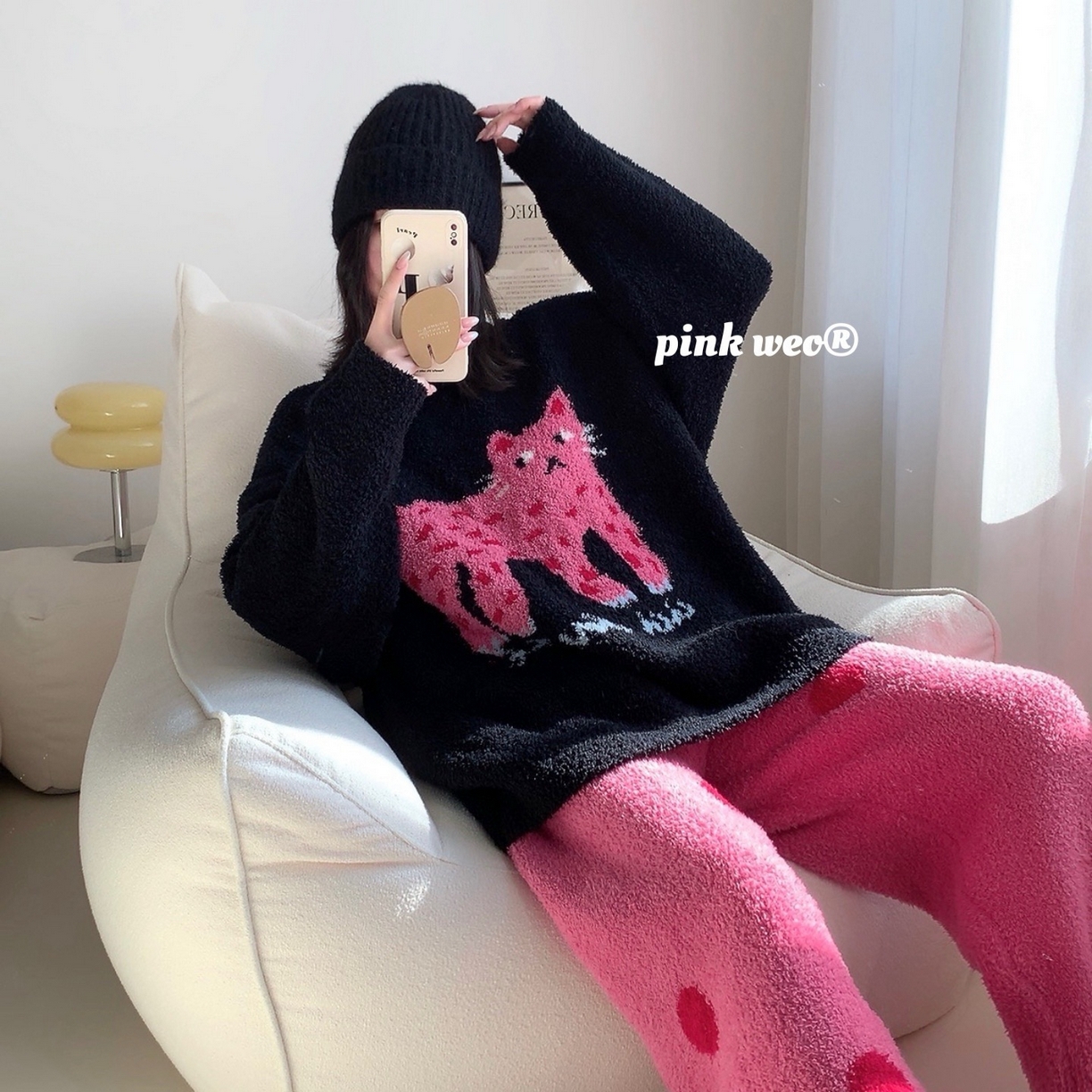 91家纺网 家纺一手货源 找家纺 （总）妍景家居生活馆 2026新款软绵绵波点猫咪黑家居服睡衣套装