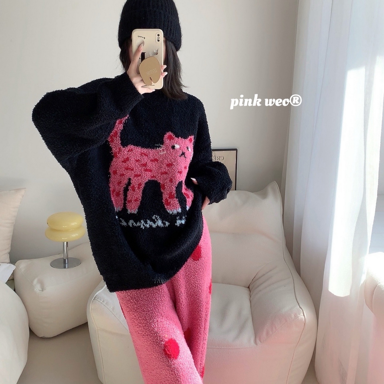 91家纺网 家纺一手货源 找家纺 （总）妍景家居生活馆 2026新款软绵绵波点猫咪黑家居服睡衣套装