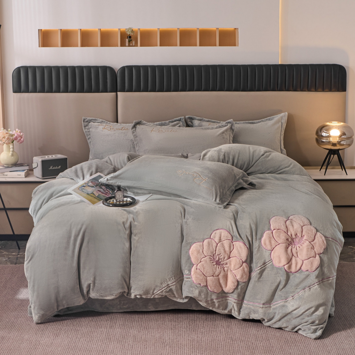 卡诗兰 2026新款保暖牛奶绒四件套-花影 花影-银灰