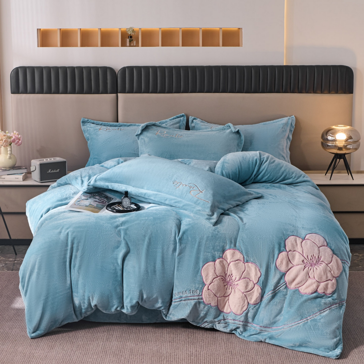 卡诗兰 2026新款保暖牛奶绒四件套-花影 花影-玻璃蓝