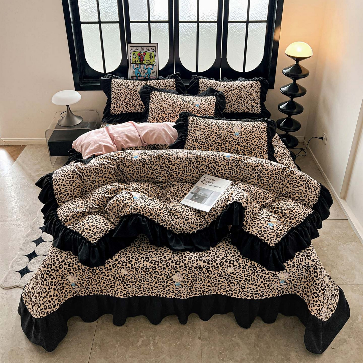 91家纺网 家纺一手货源 找家纺 富米莱（原臻工厂） 2026新款法式赫本风大花边A类古法仿棉云感纱床盖床裙四件套 豹纹猫咪