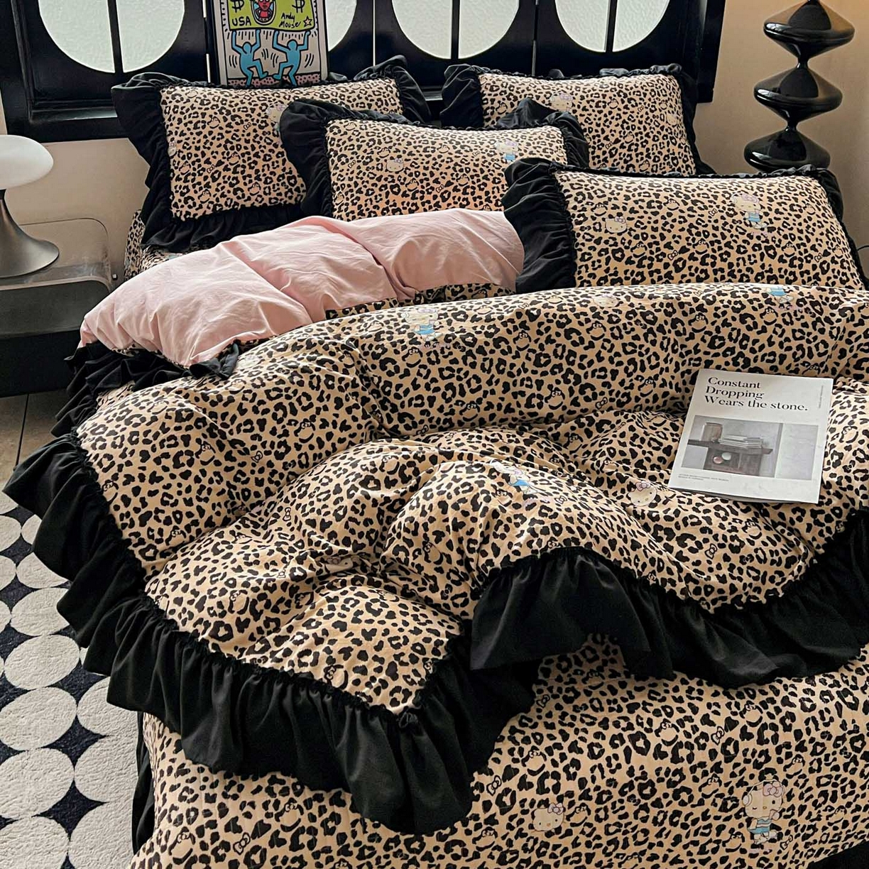 91家纺网 家纺一手货源 找家纺 富米莱（原臻工厂） 2026新款法式赫本风大花边A类古法仿棉云感纱床盖床裙四件套 豹纹猫咪