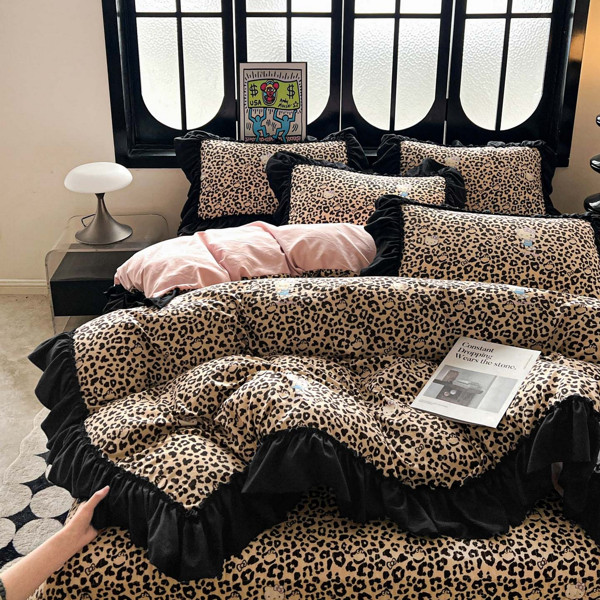 91家纺网 家纺一手货源 找家纺 富米莱（原臻工厂） 2026新款法式赫本风大花边A类古法仿棉云感纱床盖床裙四件套 豹纹猫咪