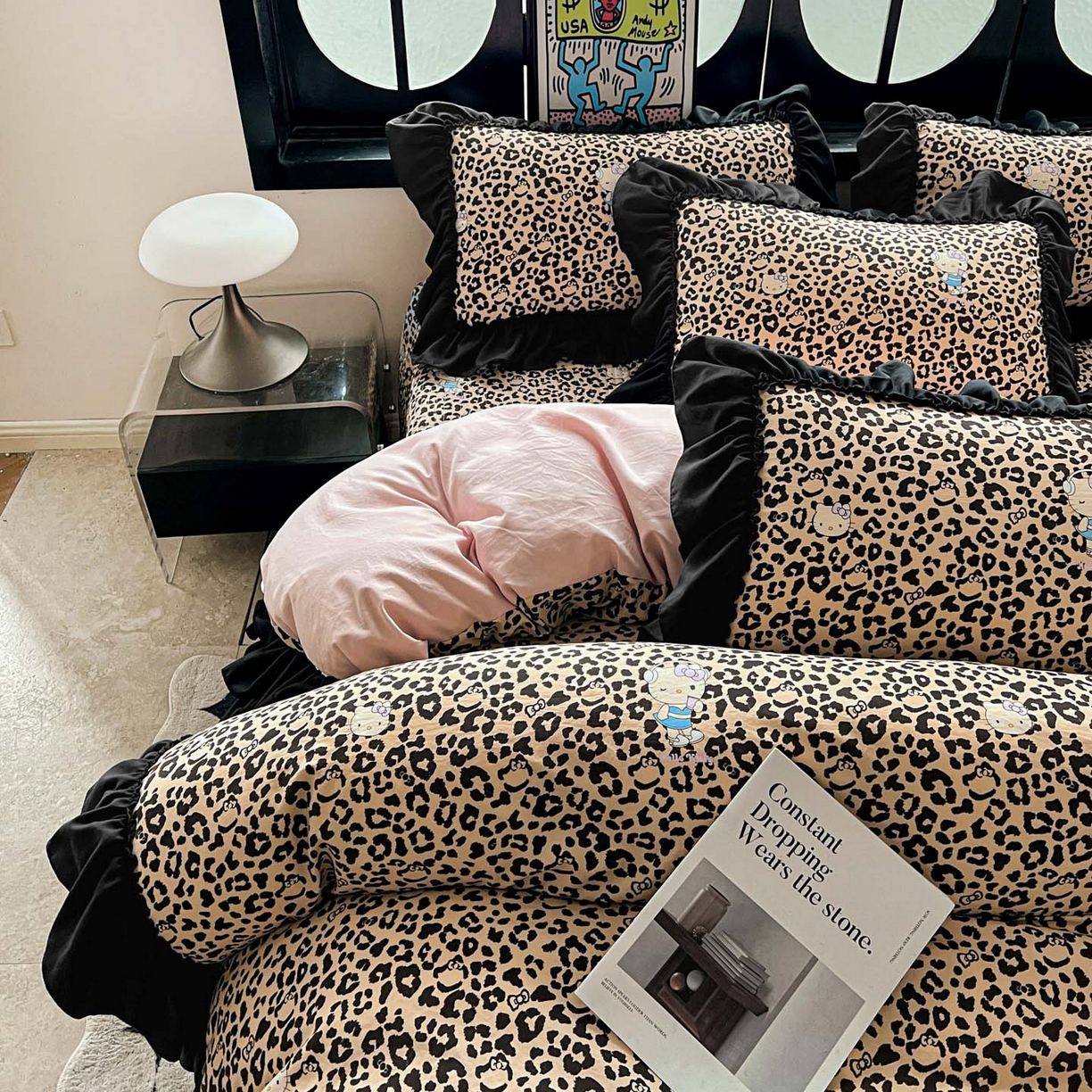 91家纺网 家纺一手货源 找家纺 富米莱（原臻工厂） 2026新款法式赫本风大花边A类古法仿棉云感纱床盖床裙四件套 豹纹猫咪