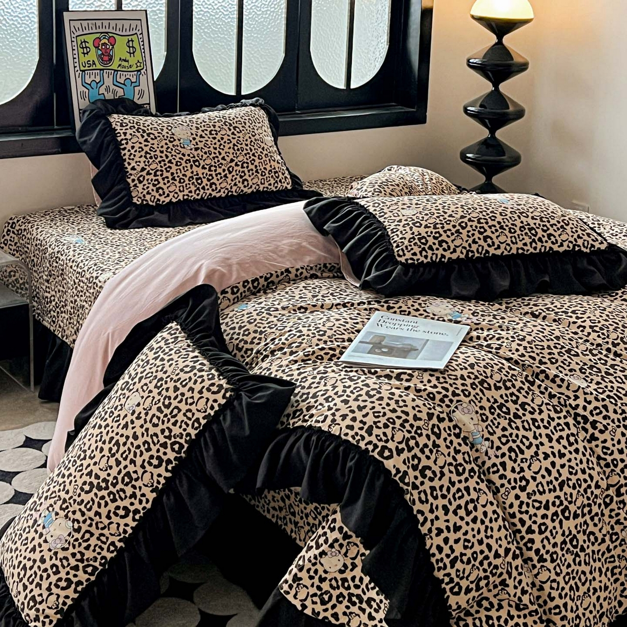 91家纺网 家纺一手货源 找家纺 富米莱（原臻工厂） 2026新款法式赫本风大花边A类古法仿棉云感纱床盖床裙四件套 豹纹猫咪