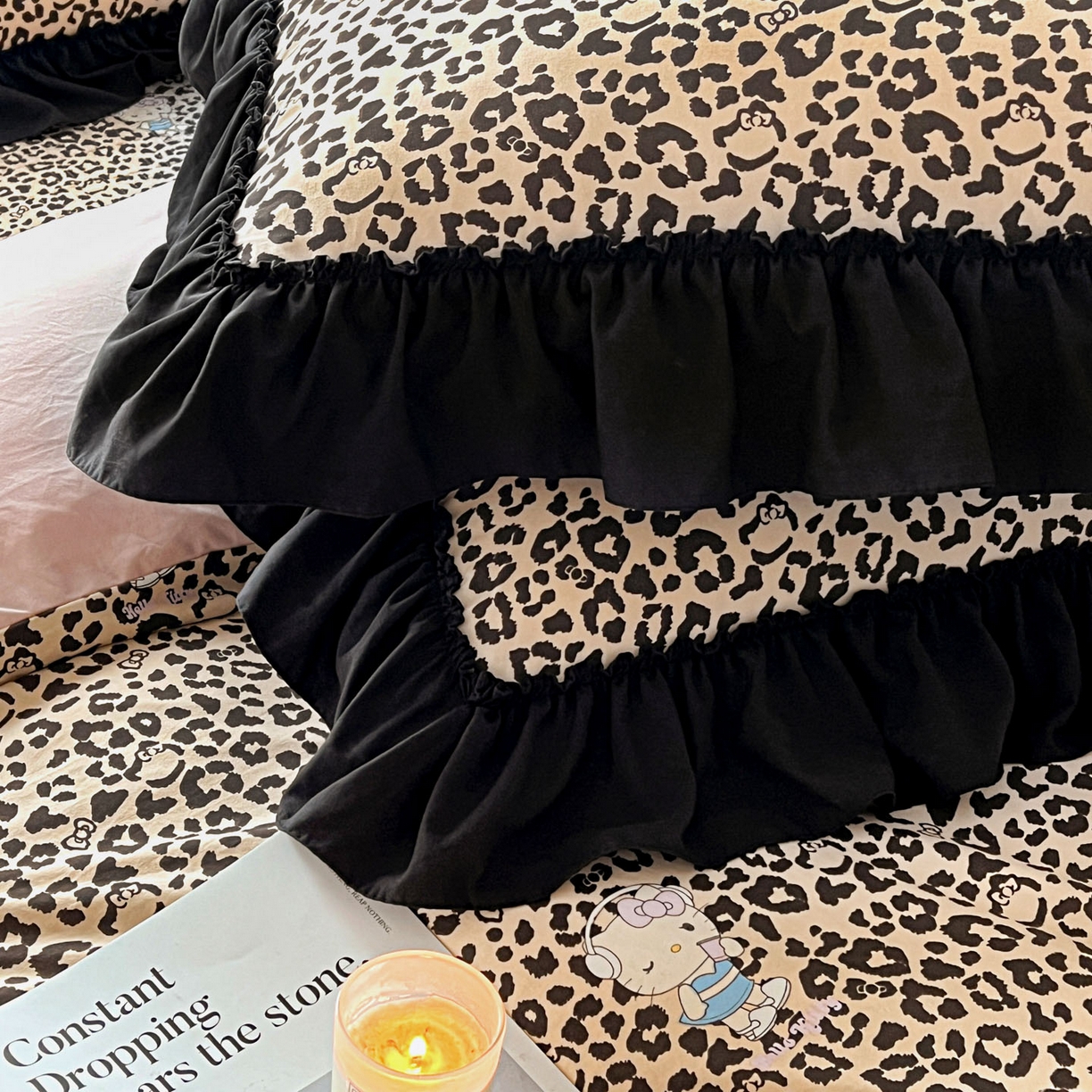 91家纺网 家纺一手货源 找家纺 富米莱（原臻工厂） 2026新款法式赫本风大花边A类古法仿棉云感纱床盖床裙四件套 豹纹猫咪