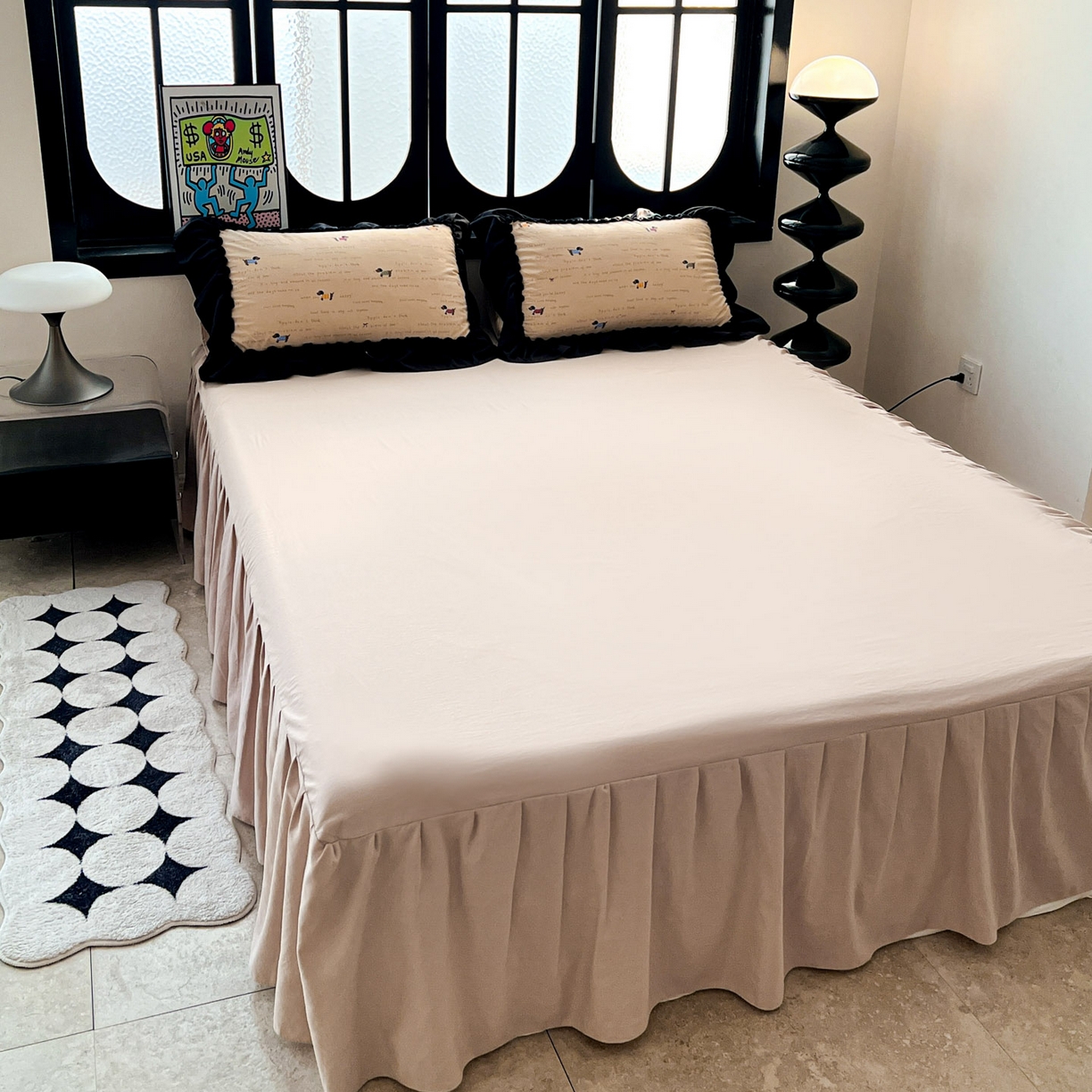 91家纺网 家纺一手货源 找家纺 富米莱（原臻工厂） 2026新款法式赫本风大花边A类古法仿棉云感纱床盖床裙四件套 狗狗家族