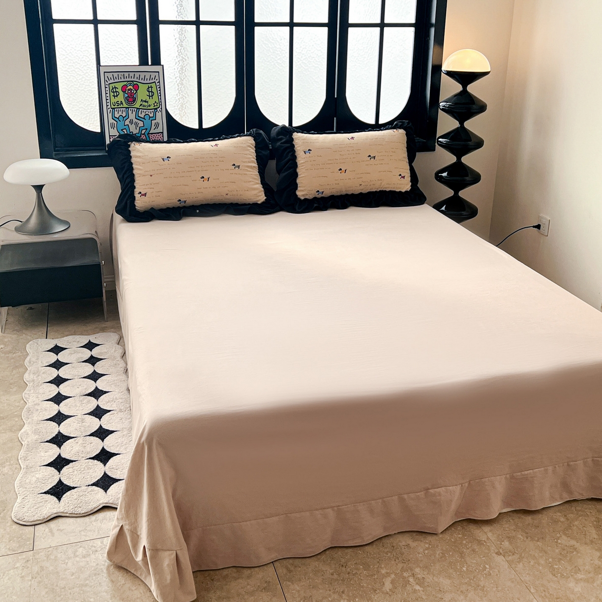 91家纺网 家纺一手货源 找家纺 富米莱（原臻工厂） 2026新款法式赫本风大花边A类古法仿棉云感纱床盖床裙四件套 狗狗家族