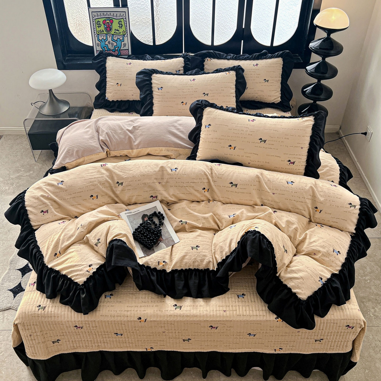 91家纺网 家纺一手货源 找家纺 富米莱（原臻工厂） 2026新款法式赫本风大花边A类古法仿棉云感纱床盖床裙四件套 狗狗家族