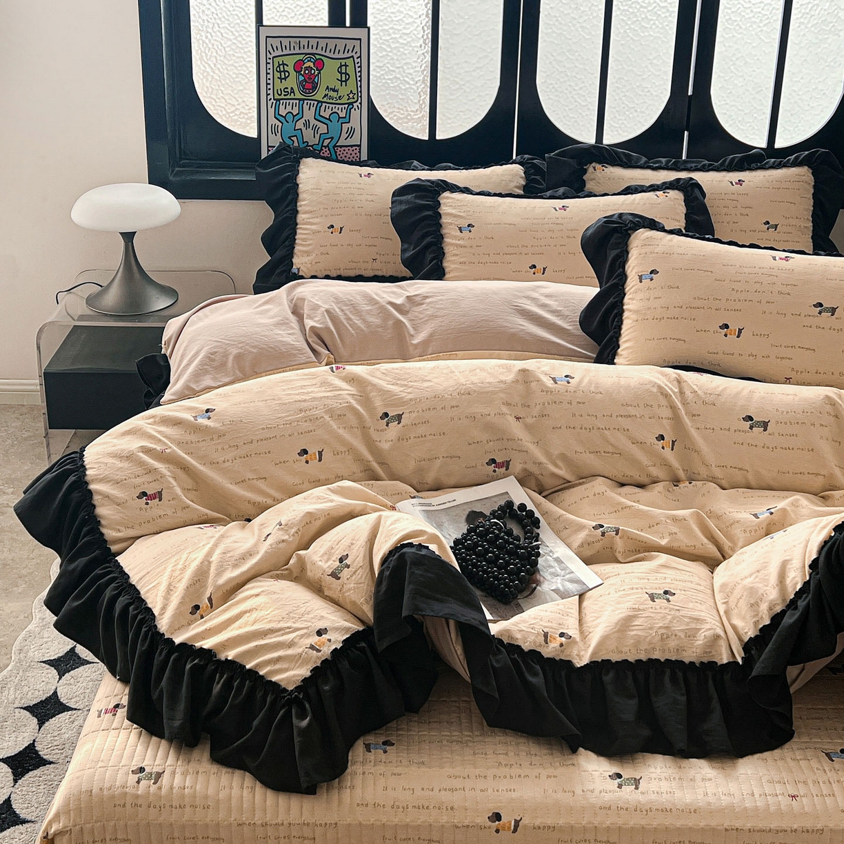 91家纺网 家纺一手货源 找家纺 富米莱（原臻工厂） 2026新款法式赫本风大花边A类古法仿棉云感纱床盖床裙四件套 狗狗家族