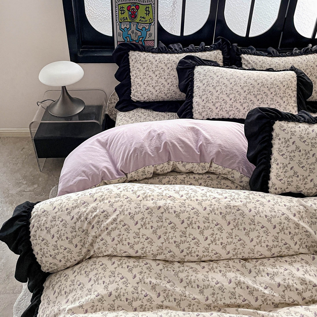 91家纺网 家纺一手货源 找家纺 富米莱（原臻工厂） 2026新款法式赫本风大花边A类古法仿棉云感纱床盖床裙四件套 花间谣