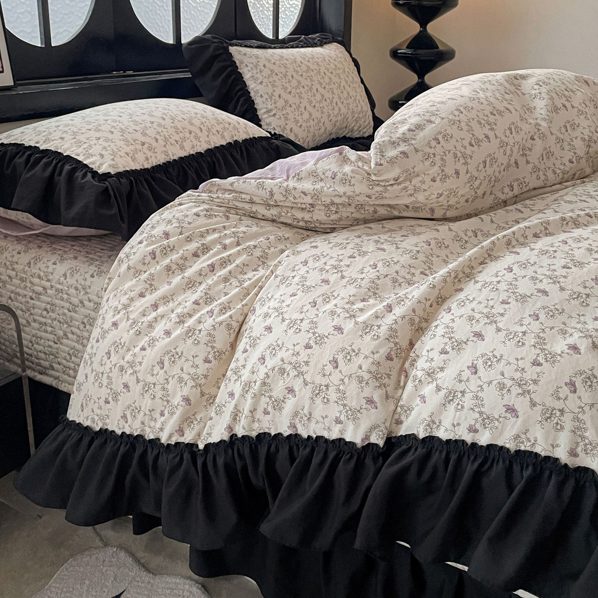 91家纺网 家纺一手货源 找家纺 富米莱（原臻工厂） 2026新款法式赫本风大花边A类古法仿棉云感纱床盖床裙四件套 花间谣