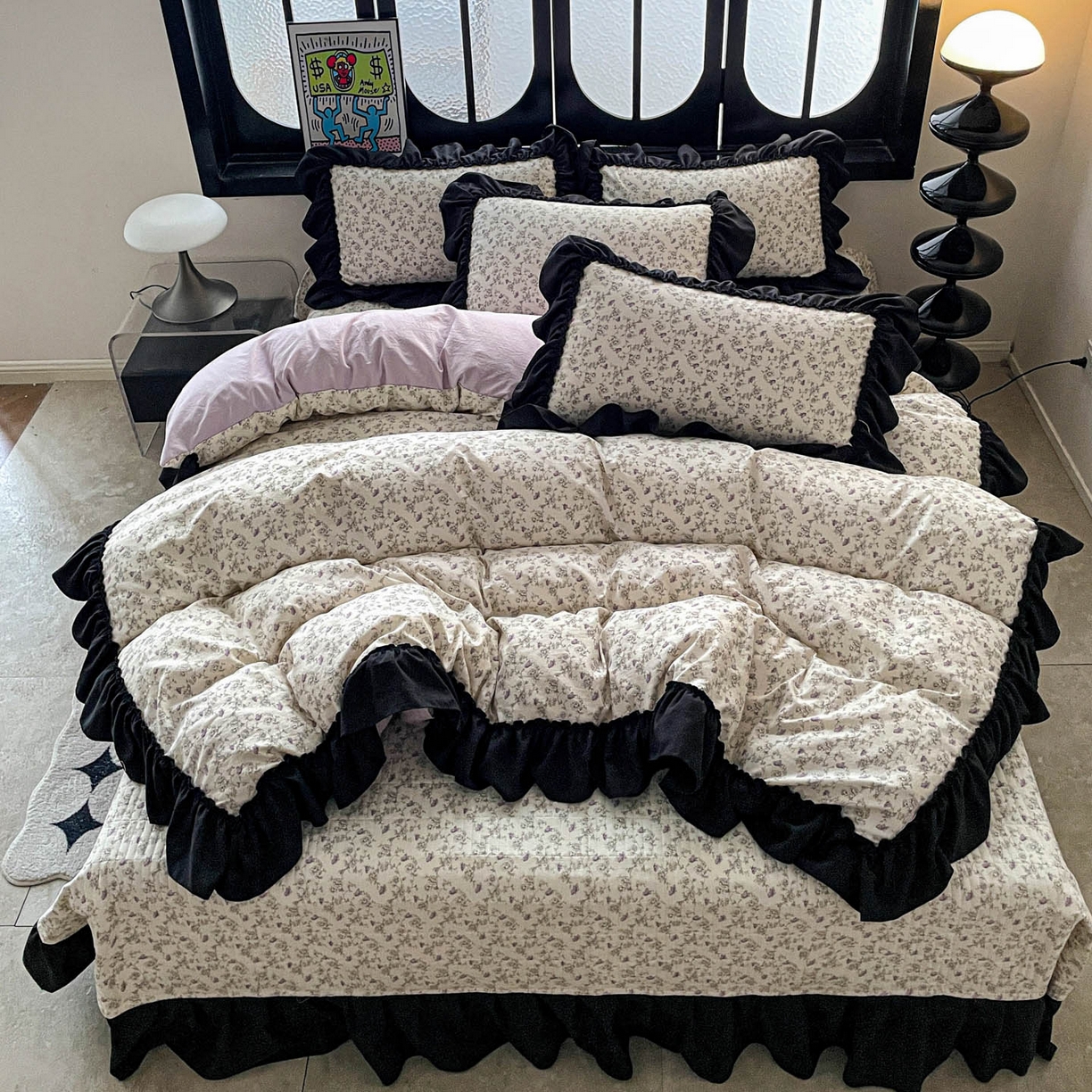 91家纺网 家纺一手货源 找家纺 富米莱（原臻工厂） 2026新款法式赫本风大花边A类古法仿棉云感纱床盖床裙四件套 花间谣