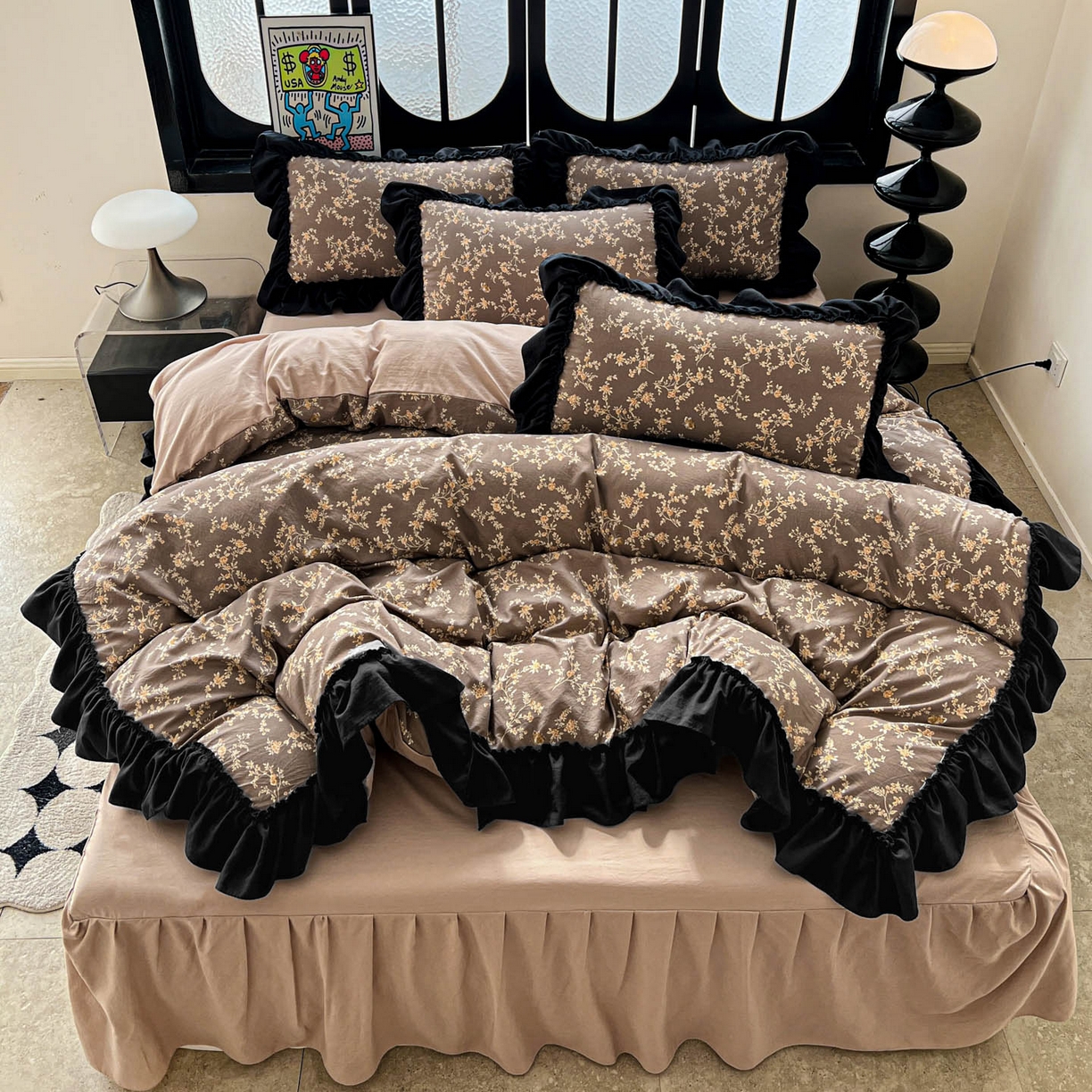 91家纺网 家纺一手货源 找家纺 富米莱（原臻工厂） 2026新款法式赫本风大花边A类古法仿棉云感纱床盖床裙四件套 花影浅吟