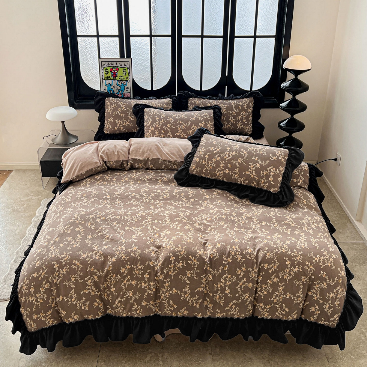 91家纺网 家纺一手货源 找家纺 富米莱（原臻工厂） 2026新款法式赫本风大花边A类古法仿棉云感纱床盖床裙四件套 花影浅吟