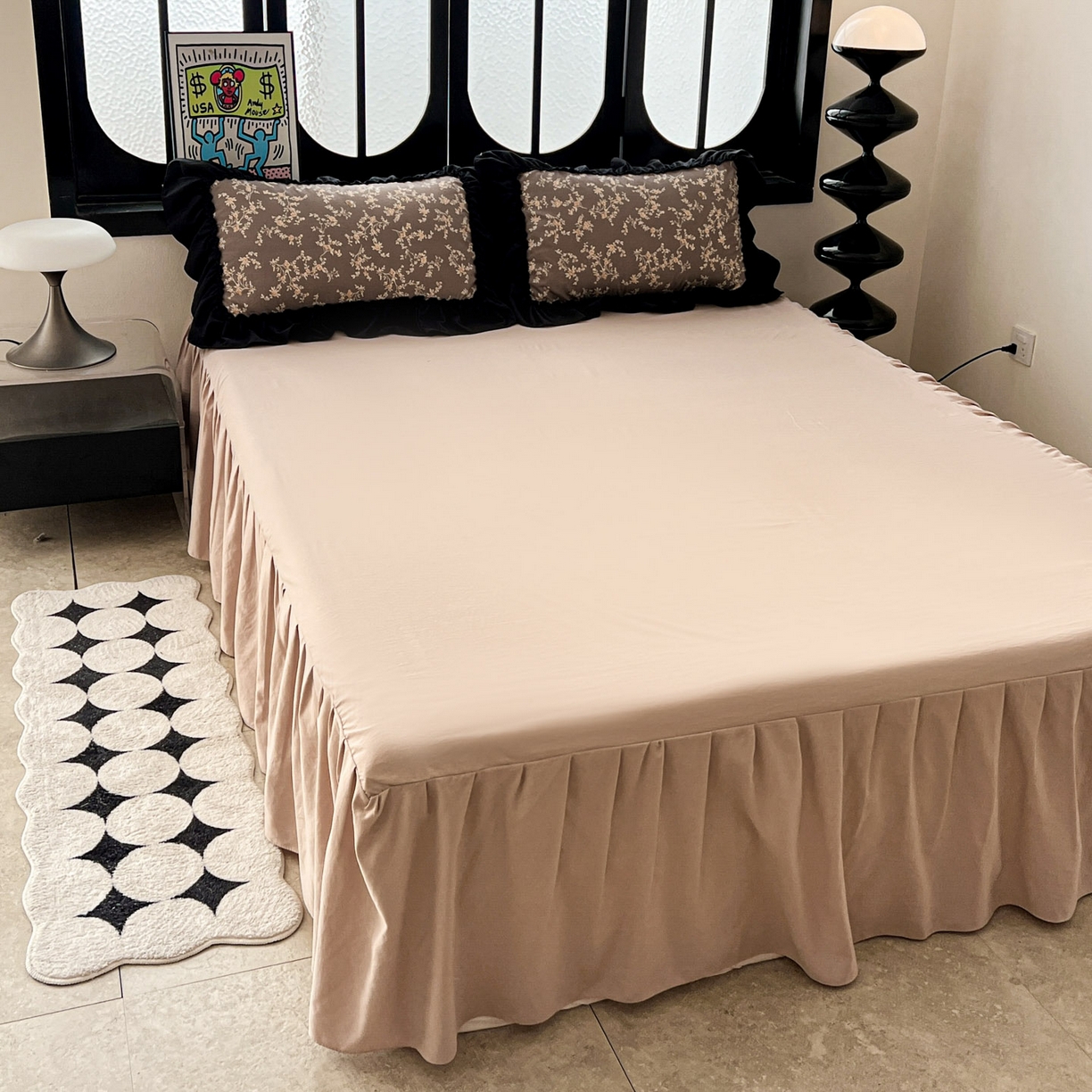 91家纺网 家纺一手货源 找家纺 富米莱（原臻工厂） 2026新款法式赫本风大花边A类古法仿棉云感纱床盖床裙四件套 花影浅吟