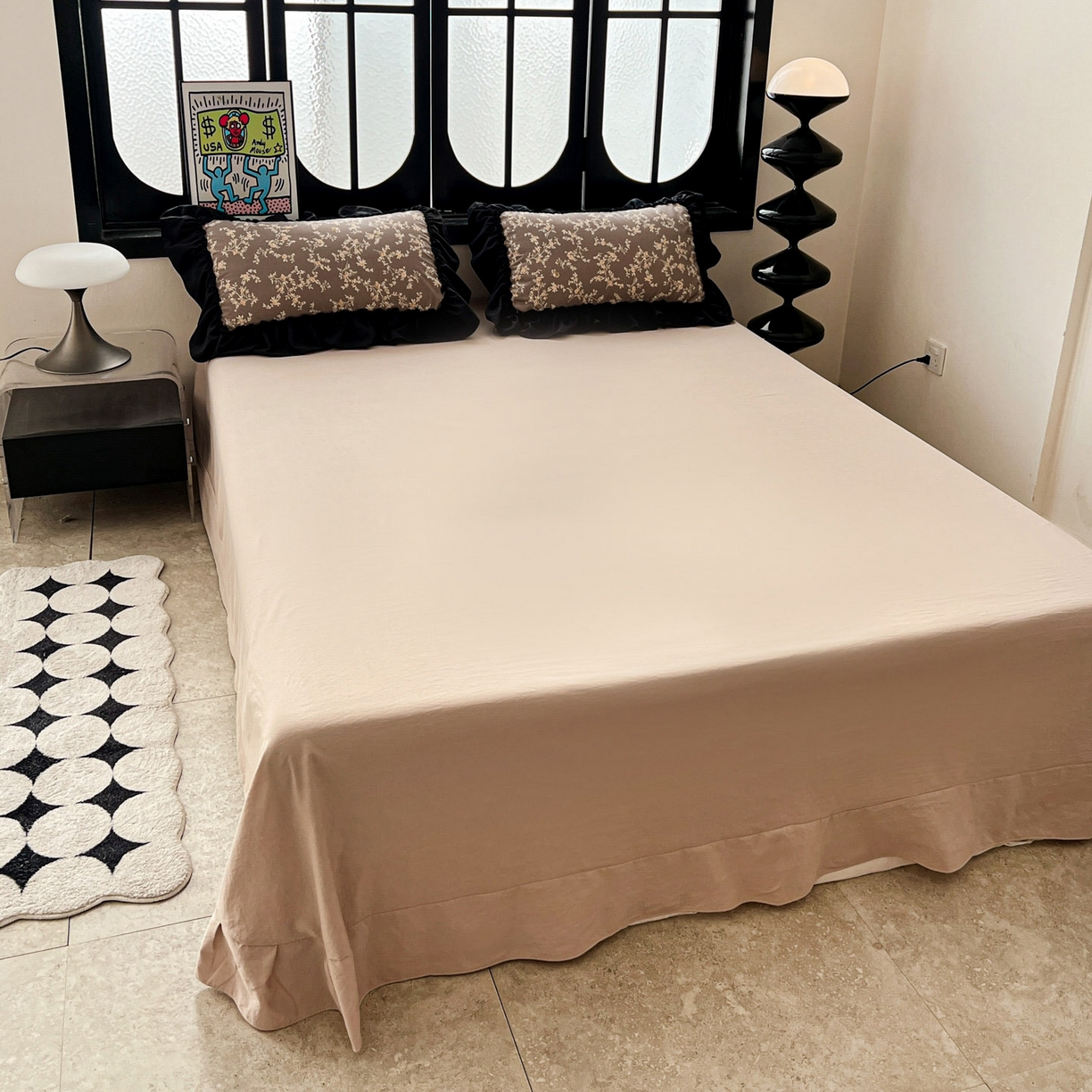 91家纺网 家纺一手货源 找家纺 富米莱（原臻工厂） 2026新款法式赫本风大花边A类古法仿棉云感纱床盖床裙四件套 花影浅吟