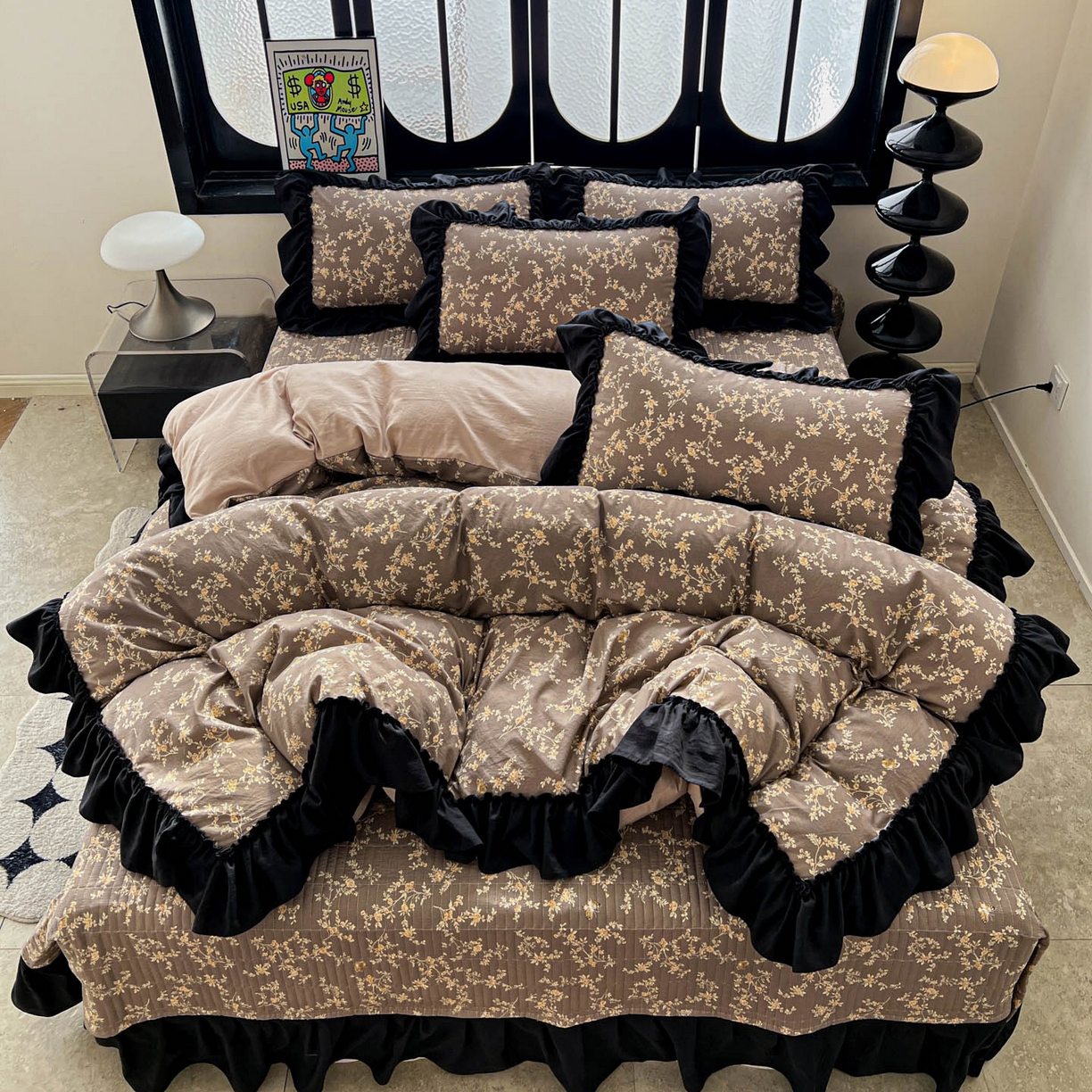 91家纺网 家纺一手货源 找家纺 富米莱（原臻工厂） 2026新款法式赫本风大花边A类古法仿棉云感纱床盖床裙四件套 花影浅吟