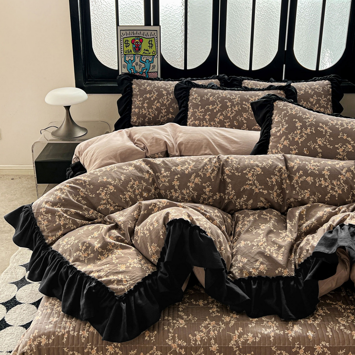 91家纺网 家纺一手货源 找家纺 富米莱（原臻工厂） 2026新款法式赫本风大花边A类古法仿棉云感纱床盖床裙四件套 花影浅吟