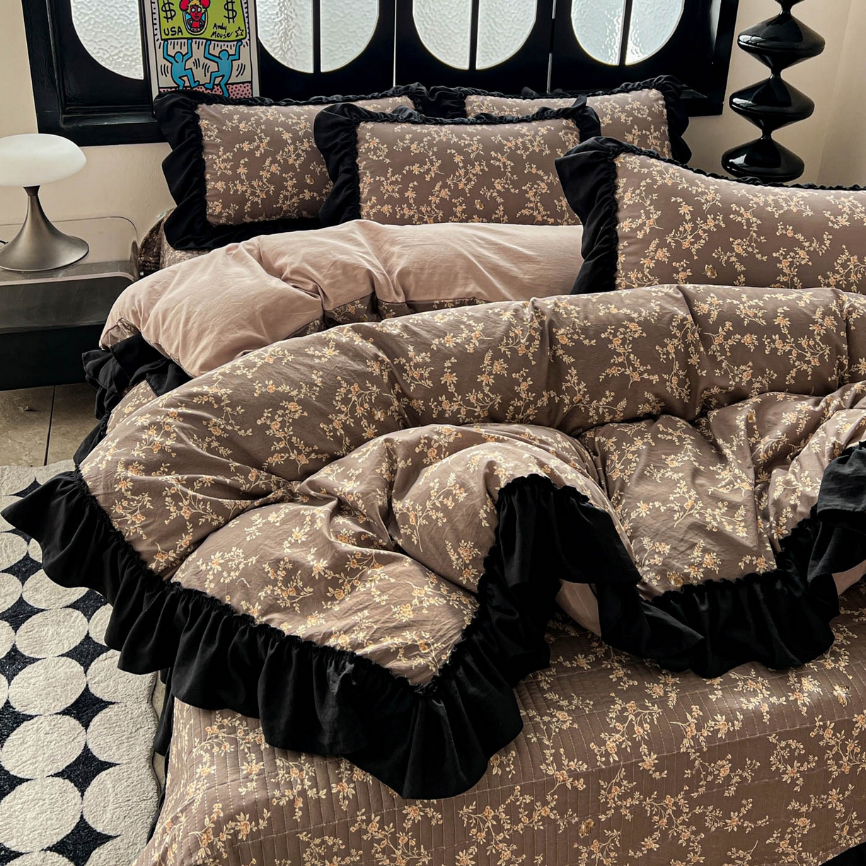 91家纺网 家纺一手货源 找家纺 富米莱（原臻工厂） 2026新款法式赫本风大花边A类古法仿棉云感纱床盖床裙四件套 花影浅吟