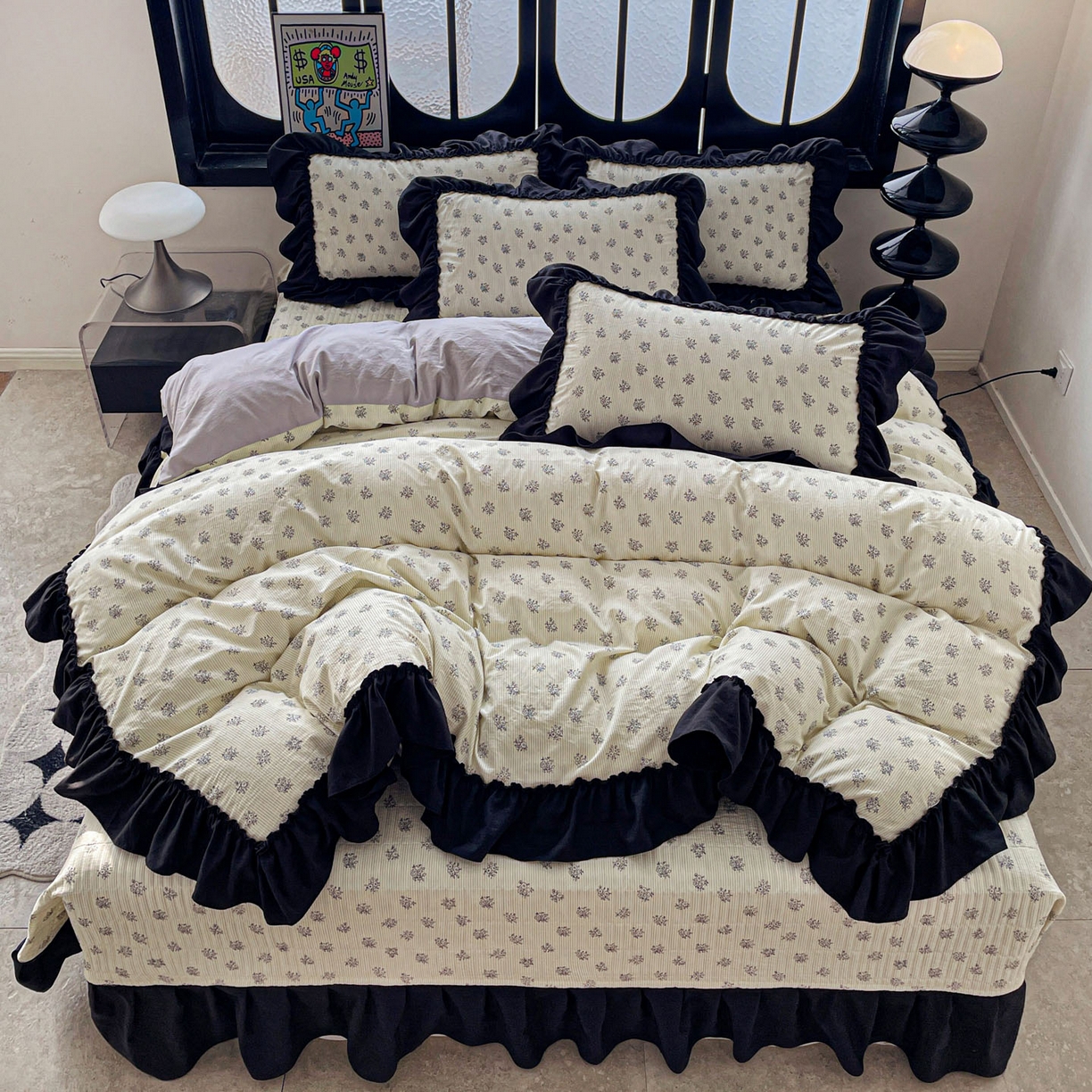 91家纺网 家纺一手货源 找家纺 富米莱（原臻工厂） 2026新款法式赫本风大花边A类古法仿棉云感纱床盖床裙四件套 花语玫瑰