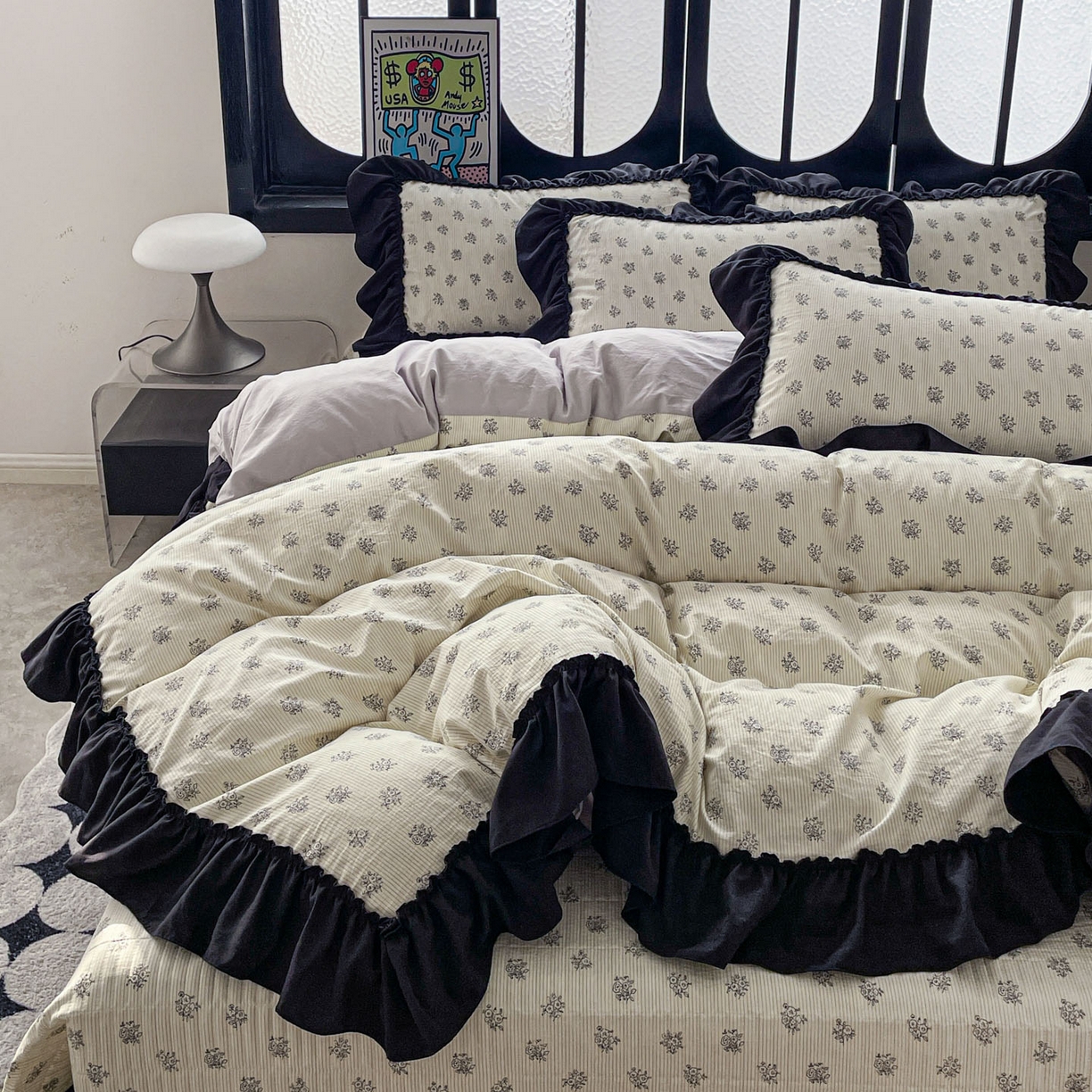 91家纺网 家纺一手货源 找家纺 富米莱（原臻工厂） 2026新款法式赫本风大花边A类古法仿棉云感纱床盖床裙四件套 花语玫瑰