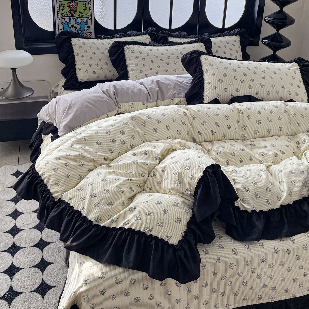 91家纺网 家纺一手货源 找家纺 富米莱（原臻工厂） 2026新款法式赫本风大花边A类古法仿棉云感纱床盖床裙四件套 花语玫瑰