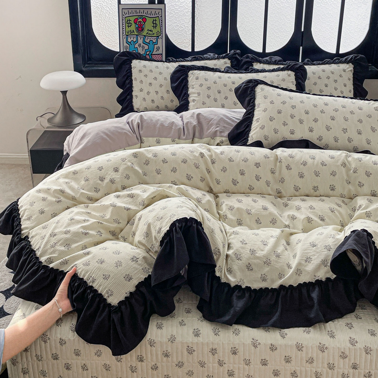 91家纺网 家纺一手货源 找家纺 富米莱（原臻工厂） 2026新款法式赫本风大花边A类古法仿棉云感纱床盖床裙四件套 花语玫瑰