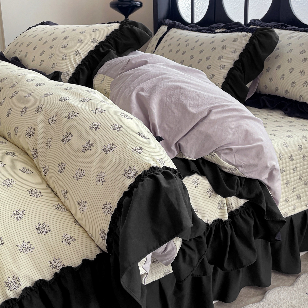 91家纺网 家纺一手货源 找家纺 富米莱（原臻工厂） 2026新款法式赫本风大花边A类古法仿棉云感纱床盖床裙四件套 花语玫瑰