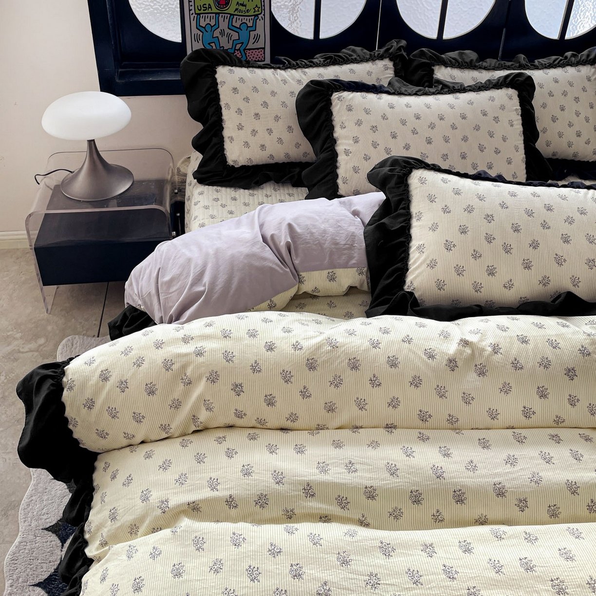 91家纺网 家纺一手货源 找家纺 富米莱（原臻工厂） 2026新款法式赫本风大花边A类古法仿棉云感纱床盖床裙四件套 花语玫瑰