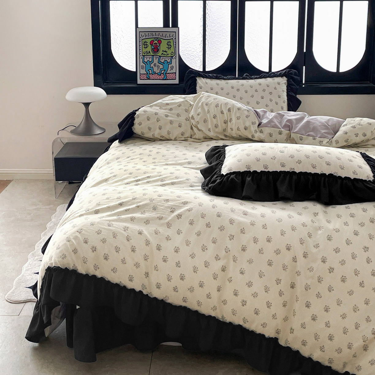 91家纺网 家纺一手货源 找家纺 富米莱（原臻工厂） 2026新款法式赫本风大花边A类古法仿棉云感纱床盖床裙四件套 花语玫瑰