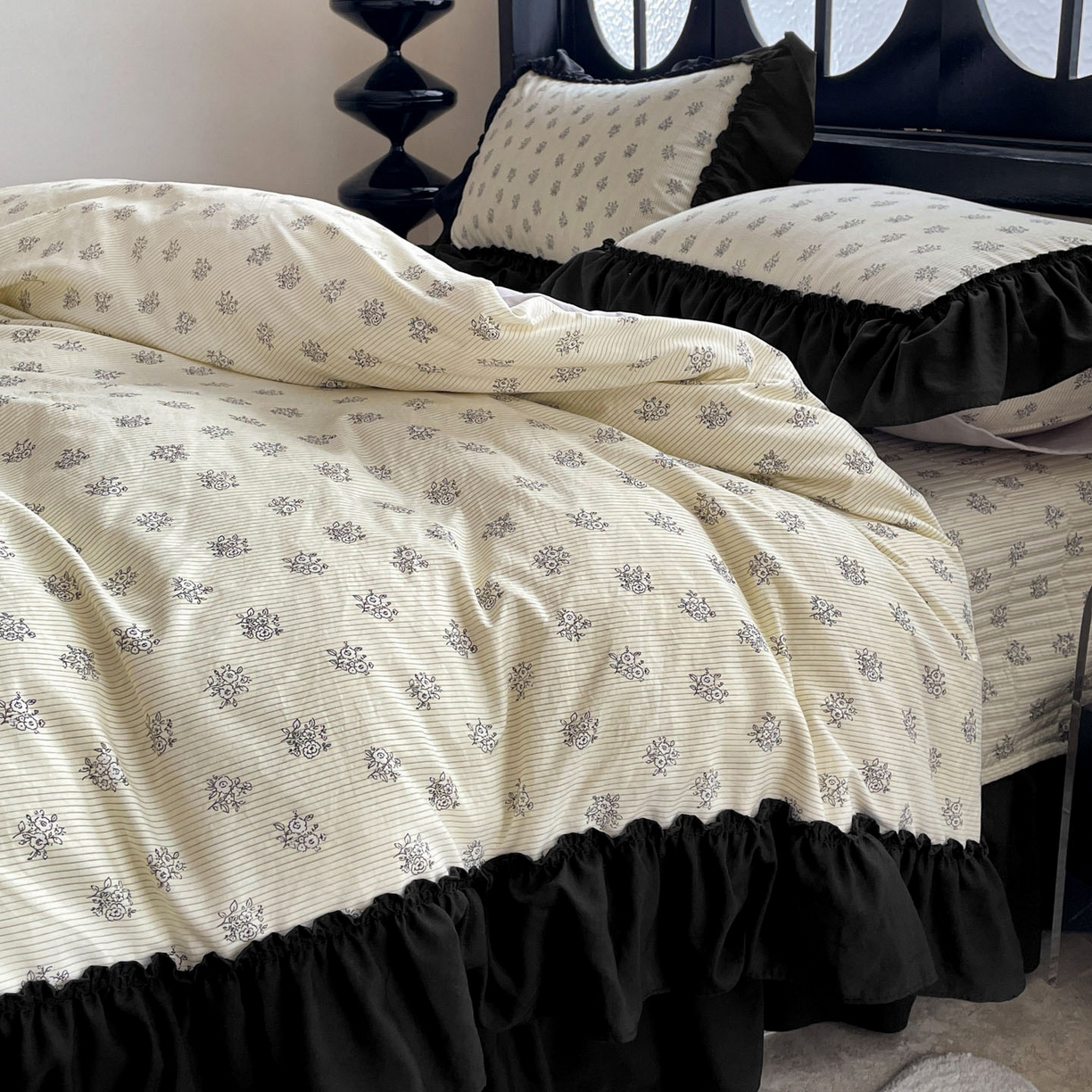 91家纺网 家纺一手货源 找家纺 富米莱（原臻工厂） 2026新款法式赫本风大花边A类古法仿棉云感纱床盖床裙四件套 花语玫瑰