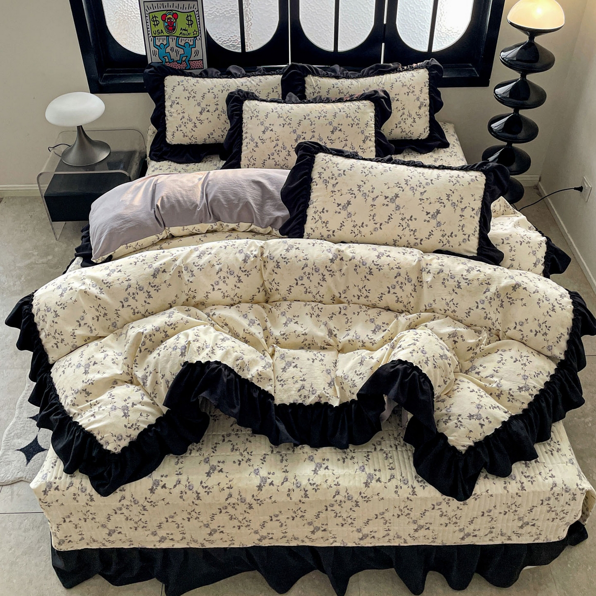 91家纺网 家纺一手货源 找家纺 富米莱（原臻工厂） 2026新款法式赫本风大花边A类古法仿棉云感纱床盖床裙四件套 槿上花开