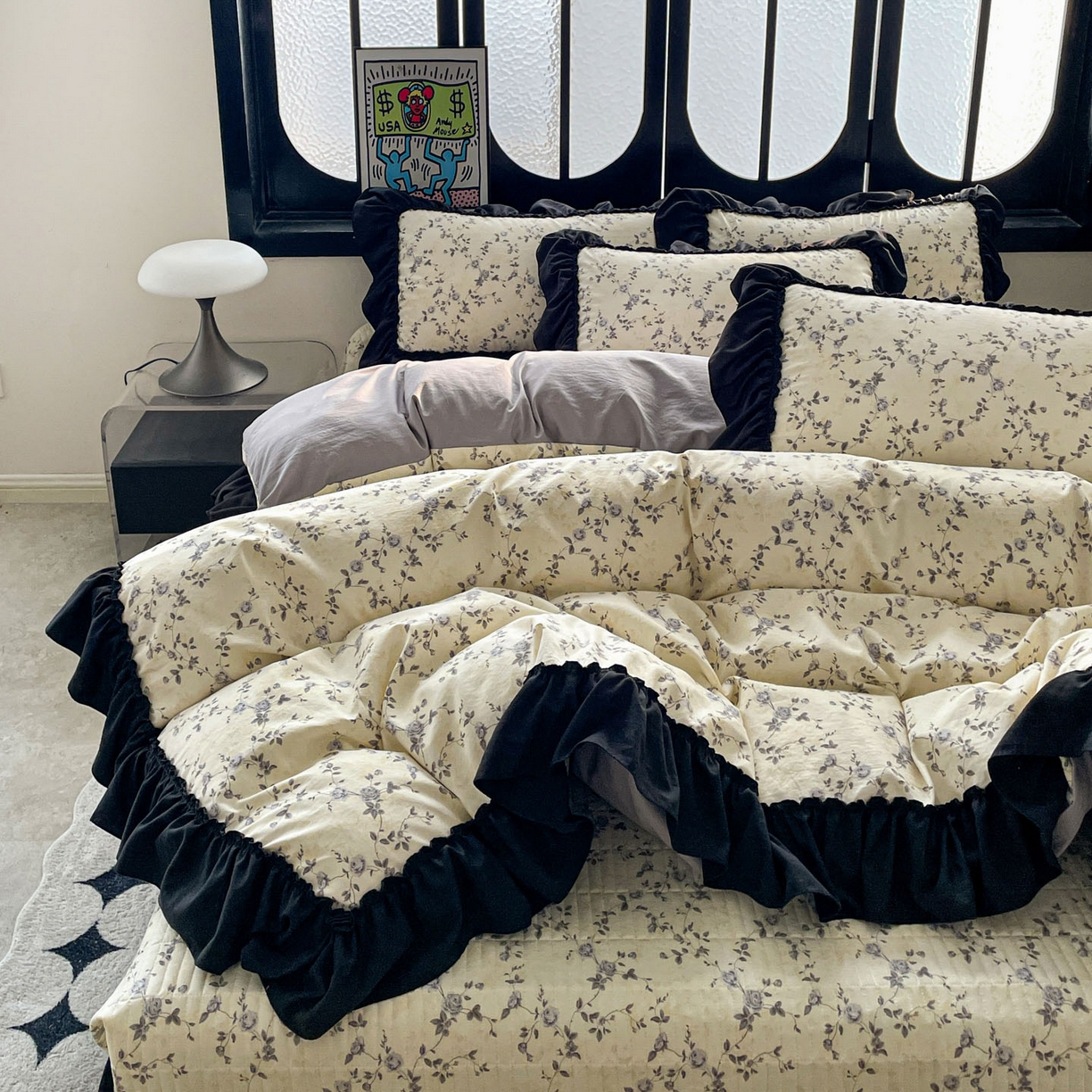 91家纺网 家纺一手货源 找家纺 富米莱（原臻工厂） 2026新款法式赫本风大花边A类古法仿棉云感纱床盖床裙四件套 槿上花开