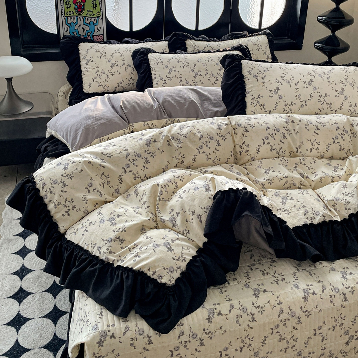 91家纺网 家纺一手货源 找家纺 富米莱（原臻工厂） 2026新款法式赫本风大花边A类古法仿棉云感纱床盖床裙四件套 槿上花开