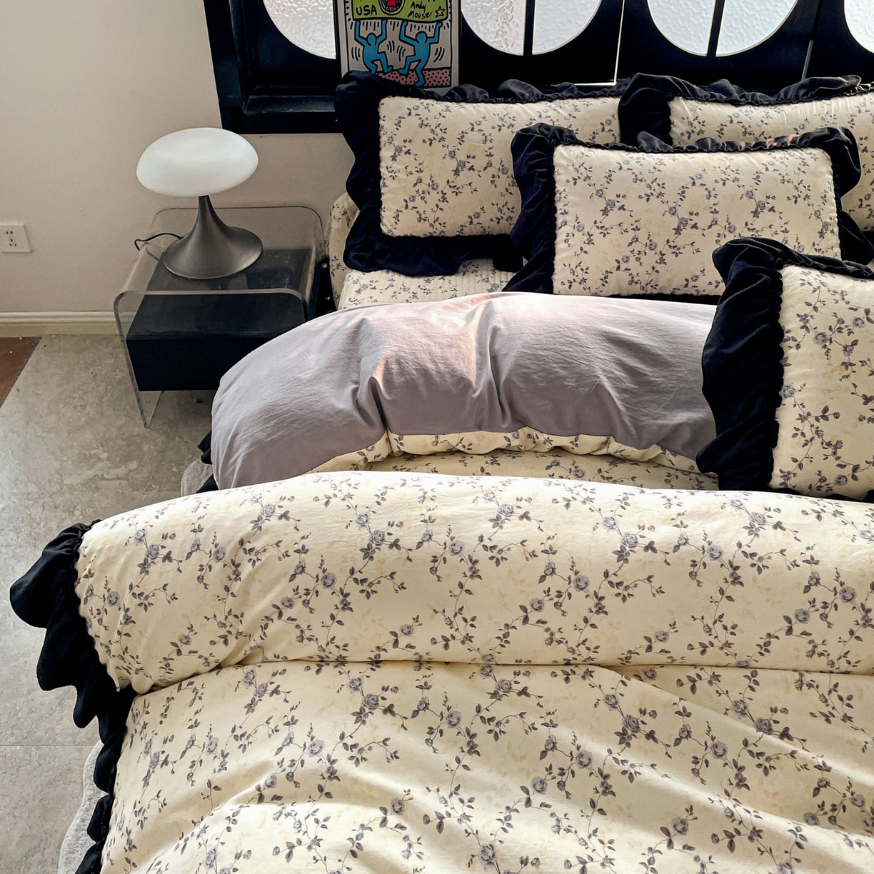 91家纺网 家纺一手货源 找家纺 富米莱（原臻工厂） 2026新款法式赫本风大花边A类古法仿棉云感纱床盖床裙四件套 槿上花开