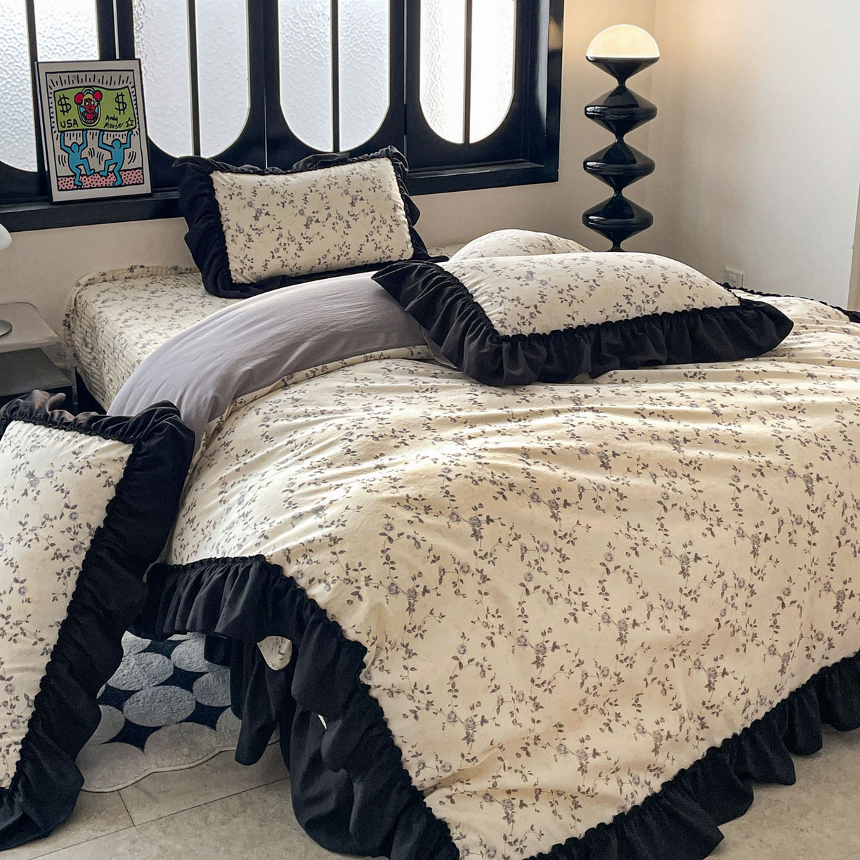 91家纺网 家纺一手货源 找家纺 富米莱（原臻工厂） 2026新款法式赫本风大花边A类古法仿棉云感纱床盖床裙四件套 槿上花开