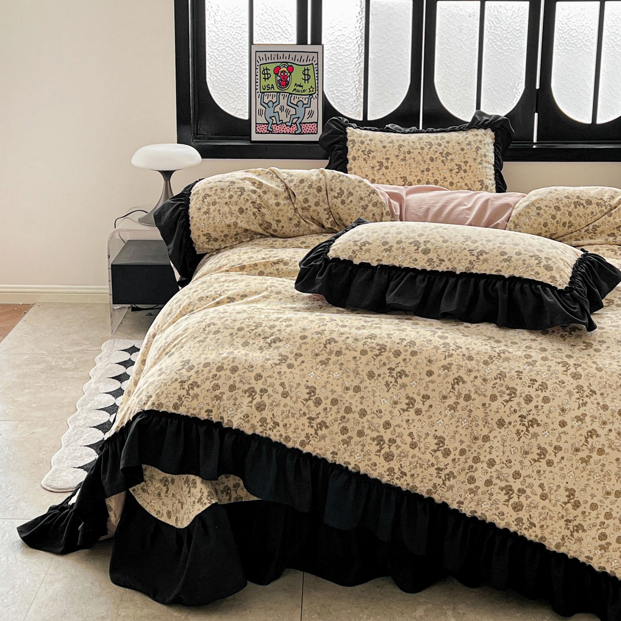 91家纺网 家纺一手货源 找家纺 富米莱（原臻工厂） 2026新款法式赫本风大花边A类古法仿棉云感纱床盖床裙四件套 卡布奇诺