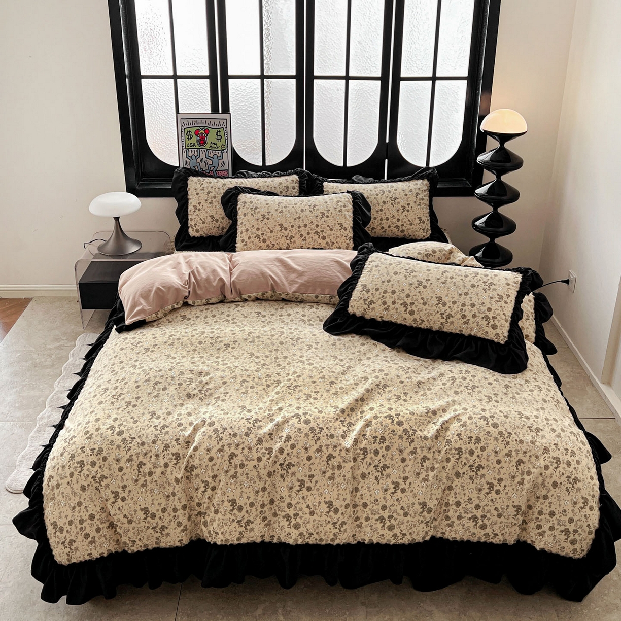 91家纺网 家纺一手货源 找家纺 富米莱（原臻工厂） 2026新款法式赫本风大花边A类古法仿棉云感纱床盖床裙四件套 卡布奇诺