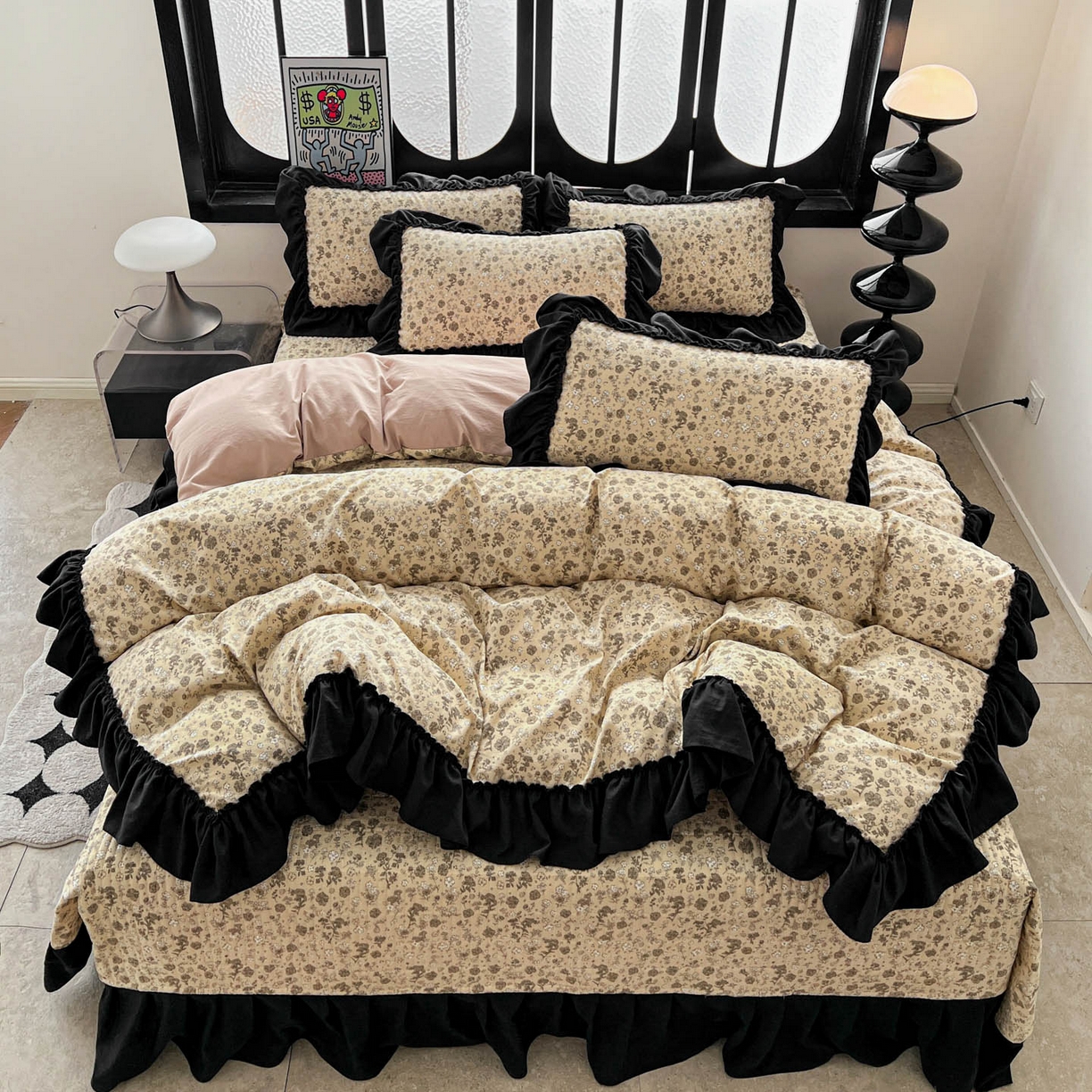 91家纺网 家纺一手货源 找家纺 富米莱（原臻工厂） 2026新款法式赫本风大花边A类古法仿棉云感纱床盖床裙四件套 卡布奇诺