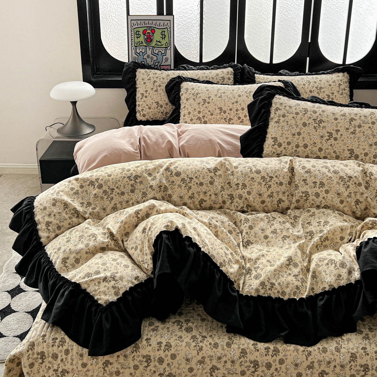 91家纺网 家纺一手货源 找家纺 富米莱（原臻工厂） 2026新款法式赫本风大花边A类古法仿棉云感纱床盖床裙四件套 卡布奇诺