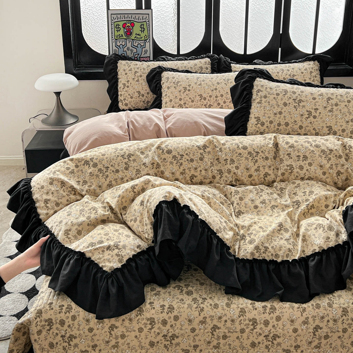 91家纺网 家纺一手货源 找家纺 富米莱（原臻工厂） 2026新款法式赫本风大花边A类古法仿棉云感纱床盖床裙四件套 卡布奇诺