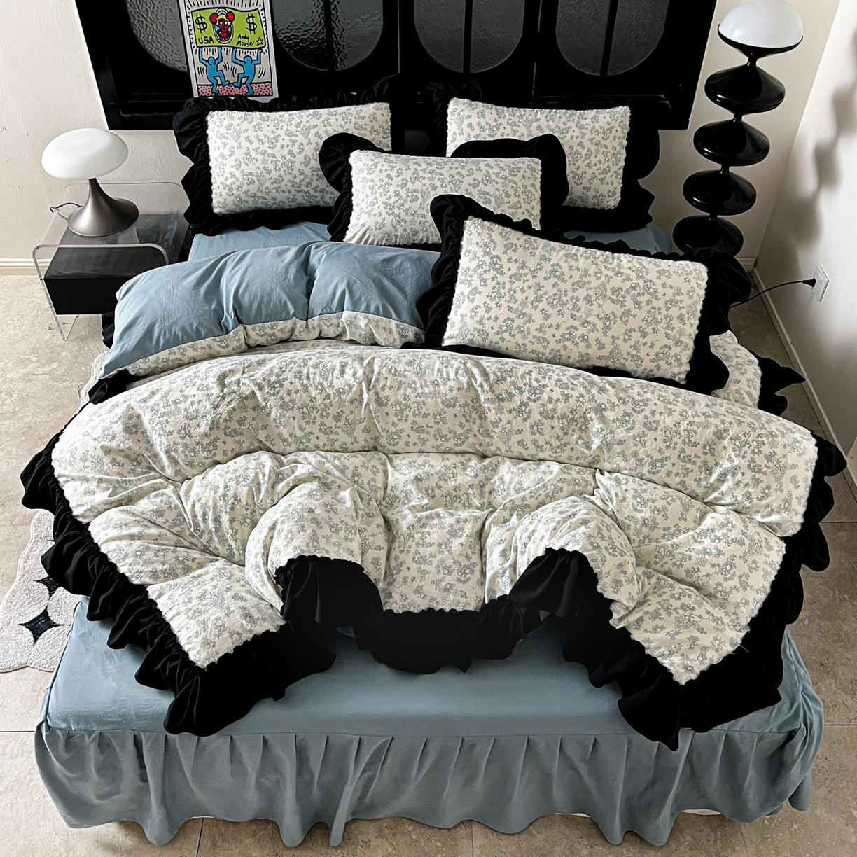 91家纺网 家纺一手货源 找家纺 富米莱（原臻工厂） 2026新款法式赫本风大花边A类古法仿棉云感纱床盖床裙四件套 兰絮语