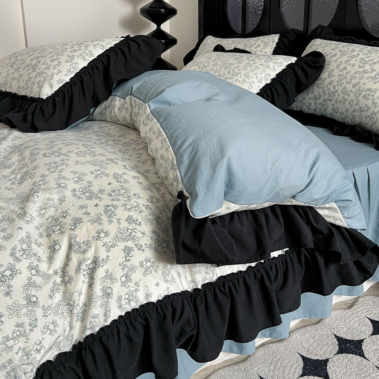 91家纺网 家纺一手货源 找家纺 富米莱（原臻工厂） 2026新款法式赫本风大花边A类古法仿棉云感纱床盖床裙四件套 兰絮语