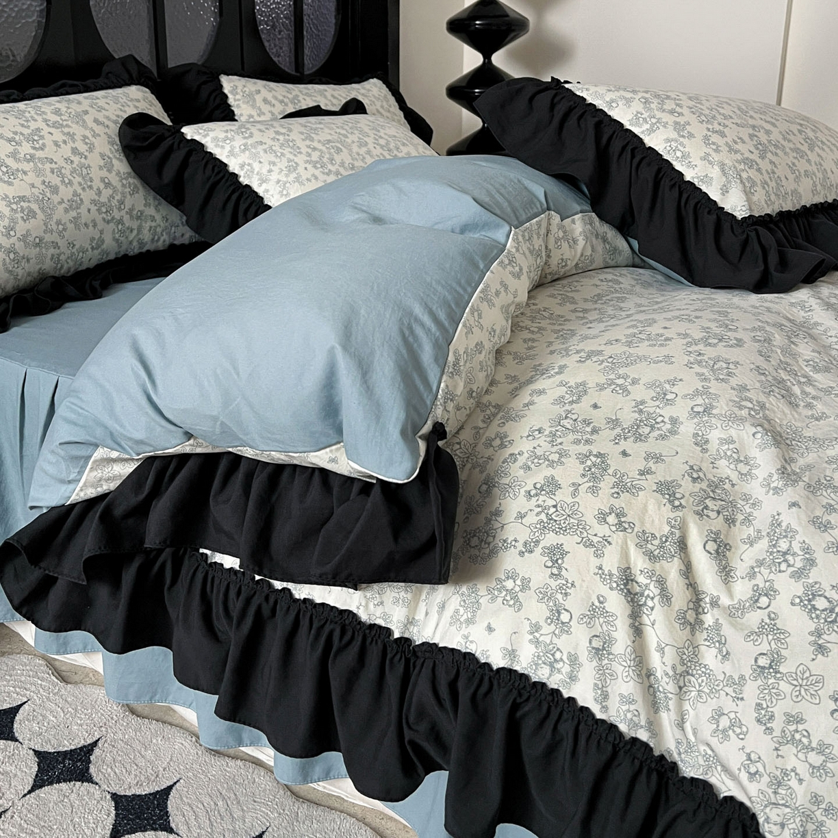 91家纺网 家纺一手货源 找家纺 富米莱（原臻工厂） 2026新款法式赫本风大花边A类古法仿棉云感纱床盖床裙四件套 兰絮语