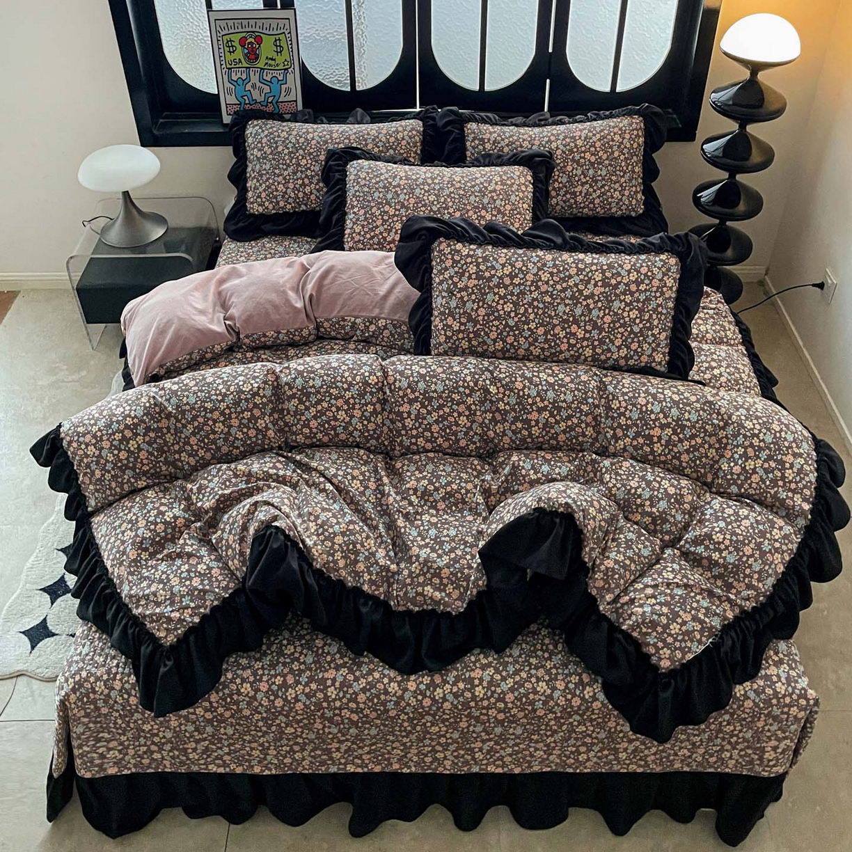 91家纺网 家纺一手货源 找家纺 富米莱（原臻工厂） 2026新款法式赫本风大花边A类古法仿棉云感纱床盖床裙四件套 漫野