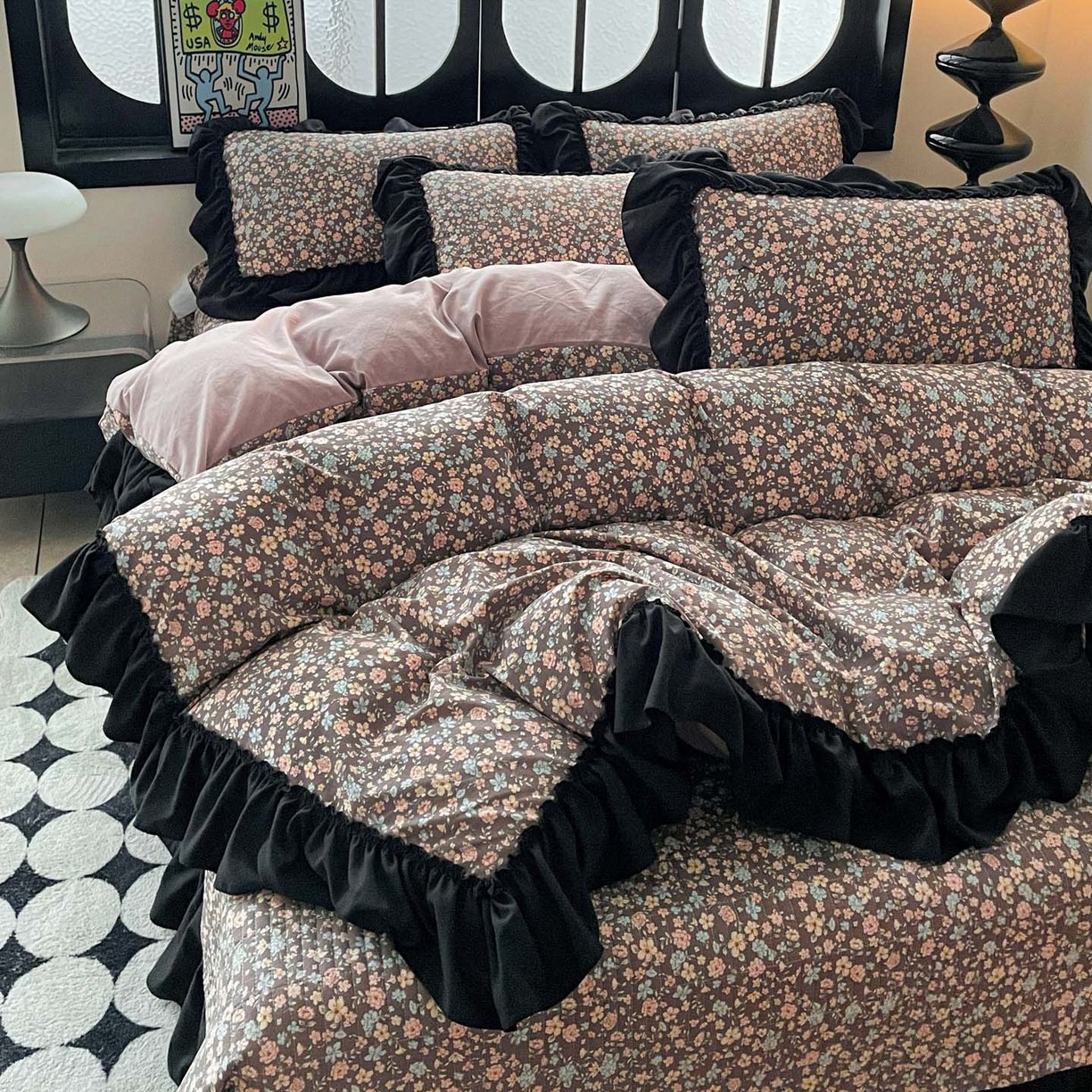 91家纺网 家纺一手货源 找家纺 富米莱（原臻工厂） 2026新款法式赫本风大花边A类古法仿棉云感纱床盖床裙四件套 漫野