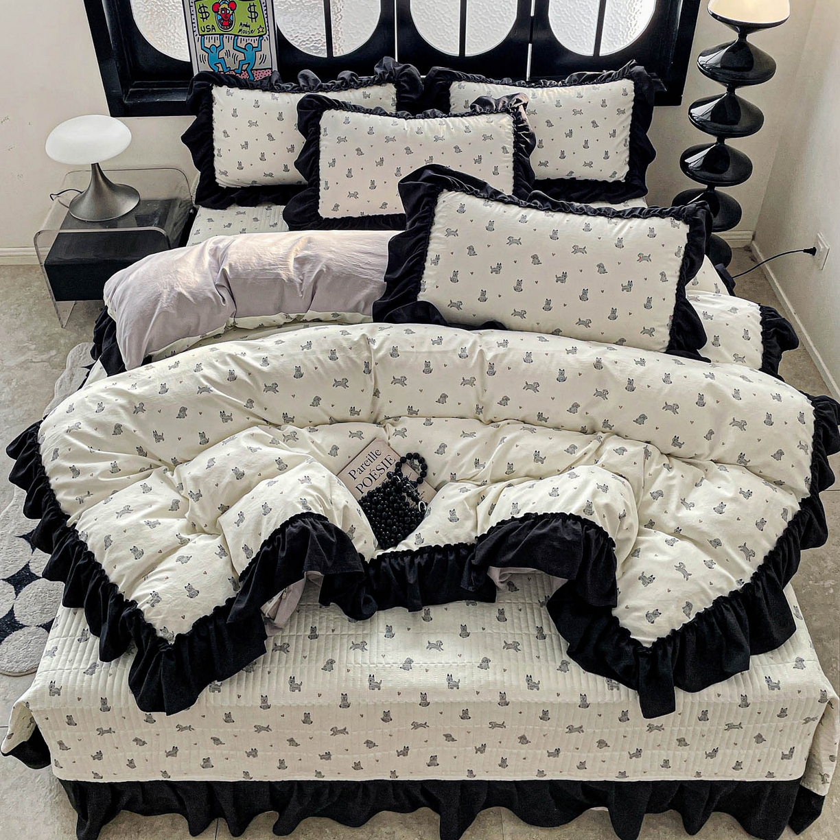 91家纺网 家纺一手货源 找家纺 富米莱（原臻工厂） 2026新款法式赫本风大花边A类古法仿棉云感纱床盖床裙四件套 恰恰狗